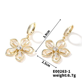 Copper & Zircon Flower Earrings Sweet Fashion Simple Hoop Earrings, Golden, 39x25mm