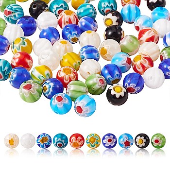100Pcs 10 Style Handmade Lampwork Beads, Millefiori Glass Beads, Round, Mixed Color, 7.6~8mm, Hole: 1~1.2mm, 10pcs/style
