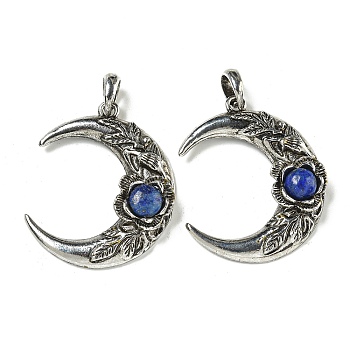 Natural Lapis Lazuli Pendants, Alloy Flower Crescent Moon Charms, Antique Silver, 43.5x35.5x8.5mm, Hole: 8x7mm