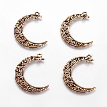 Tibetan Style Alloy Hollow Moon  2-Loop Link Pendants, Cadmium Free & Nickel Free & Lead Free, Antique Bronze, 37x8x2mm, Hole: 1~3mm