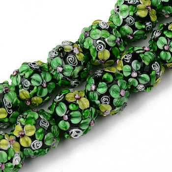 Handmade Lampwork Beads Strands, Bumpy, Round with Flower, Medium Sea Green, 15~17.5x13~16mm, Hole: 0.9~1.2mm, about 30pcs/strand, 16.54 inch(42cm)