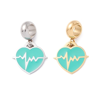 304 Stainless Steel European Dangle Charms, Large Hole Pendants, with Enamel, Golden & Stainless Steel Color, Heart & Heartbeat, Turquoise, 22.5mm, Hole: 4.5mm
