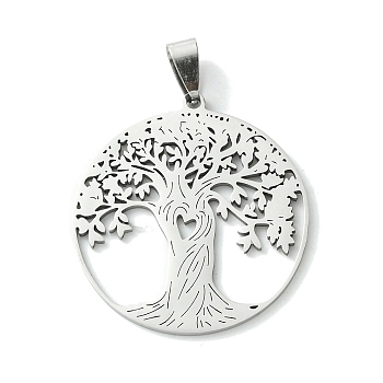 201 Stainless Steel Pendants, Flat Round with Tree of Life Charm, Stainless Steel Color, 38x34.5x1.5mm, Hole: 8x4mm