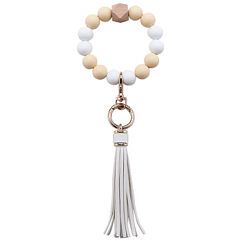 Silicone Round Beaded Keychain Wristlet, Tassel Keychains, with Alloy Keychain Clasps Finding, Moccasin, Inner Diameter: 62mm