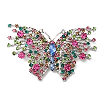 Butterfly Alloy Colorful Rhinestone Brooch, for Backpack Clothes, Platinum, 69x45x11mm