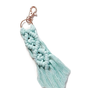 Macrame Cotton Cord Woven Tassel Pendant Keychain, with Swivel Clasp, Pale Turquoise, 20x2.5cm