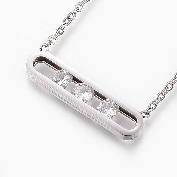 304 Stainless Steel Pendant Necklaces, with Cubic Zirconia and Lobster Claw Clasps, Cable Chains, Rectangle, Stainless Steel Color, 17.3 inch(44cm)