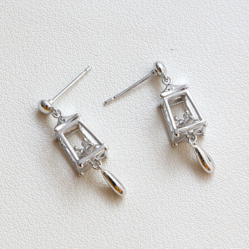 Brass Lantern Dangle Stud Earrings for Women, Platinum, 27x7mm