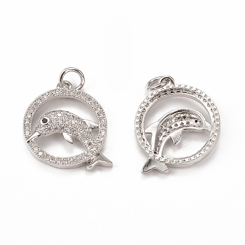 Brass Micro Pave Cubic Zirconia Pendants, with Jump Ring, Ring with Dolphin Charm, Platinum, 18x16x3mm, Hole: 3mm