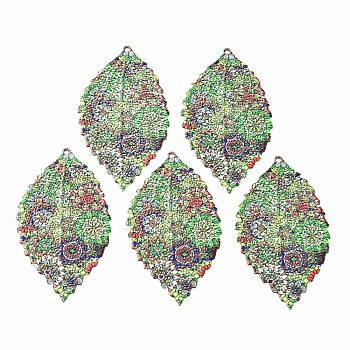 430 Stainless Steel Big Pendants, Spray Painted, Etched Metal Embellishments, with Flower Pattern, Leaf, Lime Green, 54.5x32x0.6mm, Hole: 1.5mm