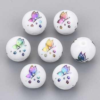 Electroplate Glass Beads, Round with Butterfly Pattern, Multi-color Plated, 10mm, Hole: 1.2mm