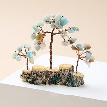 Natural Amazonite Chips Tree of Life Decorations, Mini Resin Stump Base with Copper Wire Feng Shui Energy Stone Gift for Home Office Desktop Decoration, 80x80~100mm
