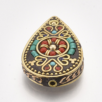 Handmade Indonesia Beads, with Brass Findings, Teardrop, Golden, Red, 48~49x29.5~30x10~11mm, Hole: 2mm