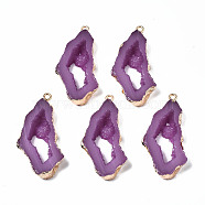 Druzy Resin Pendants, Imitation Geode Druzy Agate Slices, with Edge Light Gold Plated Iron Loops, Nuggets, Orchid, 40.5~41.5x19.5x5.5mm, Hole: 1.6mm(RESI-R428-018C)