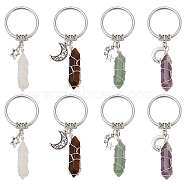 Wire Wrapped Gemstone Bullet Pendant Keychains, with 304 Stainless Steel Split Key Rings and Tibetan Style Star/Moon Charms, 7.6cm, 4 style, 2pcs/style, 8pcs/set(KEYC-AB00075)