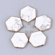 Natural Howlite Pendants, with Brass Findings, Hexagon, Golden, 30~31x24~25x2~3mm, Hole: 2mm(G-S344-89I)