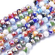 Faceted Round Handmade Millefiori Glass Beads Strands, AB Color Plated, Mixed Color, 9.5~10mm, Hole: 1.5mm, about 38pcs/strand, 14.1 inch(LK-R004-41)