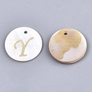 Natural Freshwater Shell Pendants, with Golden Plated Brass Etched Metal Embellishments, Flat Round with Letter, Letter.Y, 15x2mm, Hole: 1.2mm(SHEL-N027-04Y)