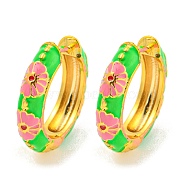 Rack Plating Brass Hoop Earrings, with Flower Enamel, Cadmium Free & Lead Free, Long-Lasting Plated, Real 18K Gold Plated, Lime, 19x4.5mm(EJEW-C102-43G-02)