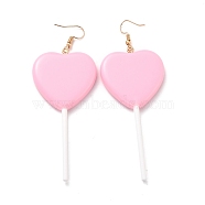 Heart-shape Lollipop Dangle Earrings for Women, Candy Color Simulation Food Drop Earrings, Golden, Pink, 97~99mm, Pin: 0.5mm(EJEW-Z015-04B)
