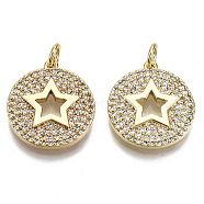 Brass Micro Pave Clear Cubic Zirconia Pendants, with Jump Rings, Nickel Free, Flat Round with Star, Real 16K Gold Plated, 18.5x16.5x3mm, Jump Ring: 5x0.8mm, Inner Diameter: 3mm(ZIRC-S067-102-NF)