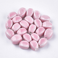 Handmade Porcelain Beads, Bright Glazed Porcelain Style, Oval, Pink, 14x10.5x11mm, Hole: 2.5mm(PORC-S498-08B)