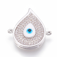 Brass Micro Pave Cubic Zirconia Links, with Enamel Eye, teardrop, Clear, Platinum, 20.5x20x4mm, Hole: 1.2mm and 0.5mm(KK-O106-02P)
