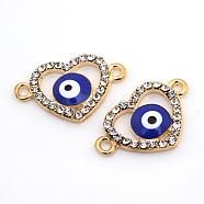 Alloy Rhinestone Links connectors, Enamel Style, Heart with Evil Eye, Light Gold, 15x23.5x2.5mm, Hole: 2mm(ALRI-S161-26LG)