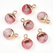 Watermelon Stone Glass Flat Round/Donut Charms, with Rack Plating Golden Tone Brass Loops, 14x10mm(G-I347-05)