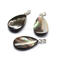 Shell Pendants, with Brass Findings, teardrop, Dyed, Platinum, 27~28x15~17x3~5mm, Hole: 2x5mm(SSHEL-E564-24B-P)