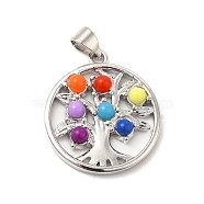 Colorful Resin Pendants, Flat Round Charms, with Brass Tree of Life, Platinum, 23x20x3.5mm, Hole: 3.5x4mm(KK-G450-01P)