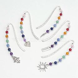 Tibetan Style Alloy Bookmarks, with Mixed Gemstone Beads, Chakra Theme, Mixed Shapes, Antique Silver, 83.5x13x1.5mm(AJEW-JK00127)