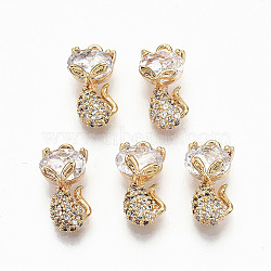 Brass Micro Pave Clear Cubic Zirconia Charms, Nickel Free, Cat, Real 18K Gold Plated, 14x7.5x5mm, Hole: 1.2mm(RJEW-T063-61G-NF)