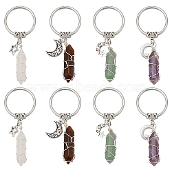 Wire Wrapped Gemstone Bullet Pendant Keychains, with 304 Stainless Steel Split Key Rings and Tibetan Style Star/Moon Charms, 7.6cm, 4 style, 2pcs/style, 8pcs/set(KEYC-AB00075)