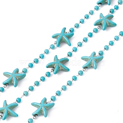 Handmade Synthetic Turquoise Starfish & Round Beaded Chains, 304 Stainless Steel Cable Chains, Soldered, with Spool, Turquoise, 14x14x5mm, 3mm(CHS-E008-02)