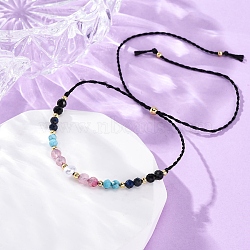 Faceted Round Turquoise & Natural Rose Quartz & Lapis Lazuli Braided Bead Bracelets, Imitation Pearl Beaded Jewelry for Women, with Brass Beads, Inner Diameter: 7/8~3-5/8 inch(2.25~9.35cm)(BJEW-F493-09G-01)