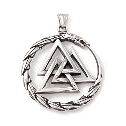 304 Stainless Steel Pendants, Flat Round with Triangle, Antique Silver, 56x50x8.5mm, Hole: 4~8.5mm(STAS-M299-02AS)