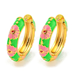 Rack Plating Brass Hoop Earrings, with Flower Enamel, Cadmium Free & Lead Free, Long-Lasting Plated, Real 18K Gold Plated, Lime, 19x4.5mm(EJEW-C102-43G-02)