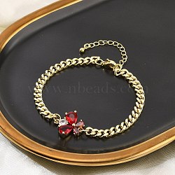 Brass Micro Pave Cubic Zirconia Link Bracelets, Curb Chains Jewely for Women, Real 18K Gold Plated, Butterfly, Red, 7 inch(17.7cm)(BJEW-Z082-01G-01)