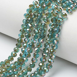 Electroplate Glass Beads Strands, Half Plated, Rainbow Plated, Faceted, Rondelle, Medium Turquoise, 6x5mm, Hole: 1mm, about 85~88pcs/strand, 16.1~16.5 inch(41~42cm)(EGLA-A034-T6mm-J06)