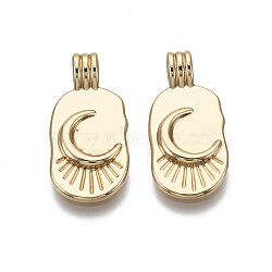 Brass Pendants, Oval with Moon, Nickel Free, Real 18K Gold Plated, 21.5x10x4.5mm, Hole: 2mm(KK-R133-006-04G-NF)