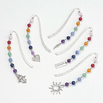 Tibetan Style Alloy Bookmarks, with Mixed Gemstone Beads, Chakra Theme, Mixed Shapes, Antique Silver, 83.5x13x1.5mm