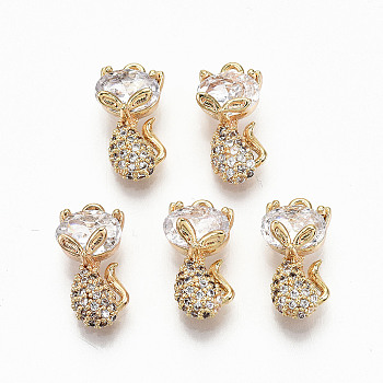 Brass Micro Pave Clear Cubic Zirconia Charms, Nickel Free, Cat, Real 18K Gold Plated, 14x7.5x5mm, Hole: 1.2mm