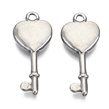 304 Stainless Steel Pendants, Heart Key, Stainless Steel Color, 23x10x2.5mm, Hole: 1.6mm