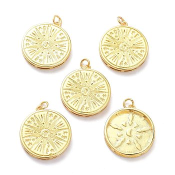 Brass Pendants, with Jump Ring, Long-Lasting Plated, Flat Round with Sun, Real 18K Gold Plated, 22x20x3mm, Jump Ring: 5x1mm, 3mm Inner Diameter