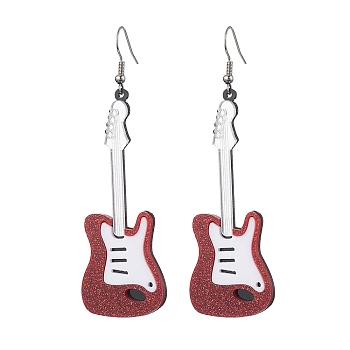 Guitar Acrylic Dangle Earrings, Iron Earrings for Women, Red, 83x24.5mm