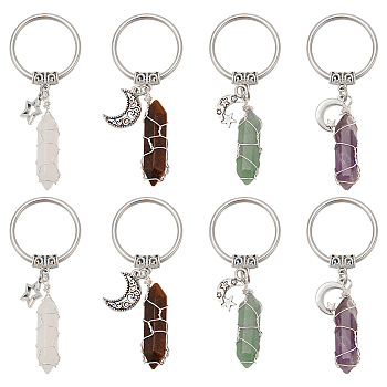 Wire Wrapped Gemstone Bullet Pendant Keychains, with 304 Stainless Steel Split Key Rings and Tibetan Style Star/Moon Charms, 7.6cm, 4 style, 2pcs/style, 8pcs/set