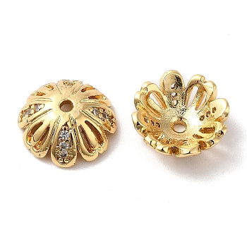 Brass Micro Pave Cubic Zirconia Bead Cap, Multi-Petal, Real 18K Gold Plated, 11x4mm, Hole: 1.4mm