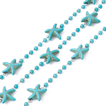 Handmade Synthetic Turquoise Starfish & Round Beaded Chains, 304 Stainless Steel Cable Chains, Soldered, with Spool, Turquoise, 14x14x5mm, 3mm