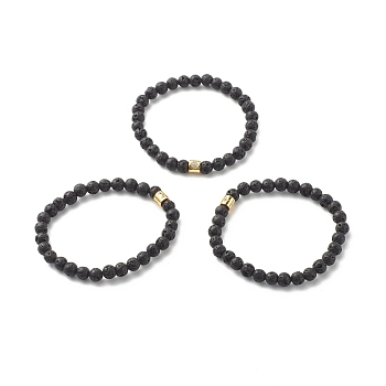 Natural Lava Rock Round Beads Essential Oil Anxiety Aromatherapy Stretch Bracelets, Column Brass Micro Pave Cubic Zirconia Beads Bracelet for Girl Women, Golden, Mixed Patterns, Inner Diameter: 2-1/8 inch(5.5cm)